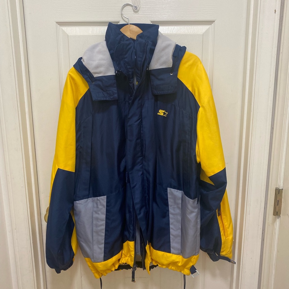 Vintage Starter Blue/Yellow Insulated Hooded Winter Coat SideLine Jacket Large
